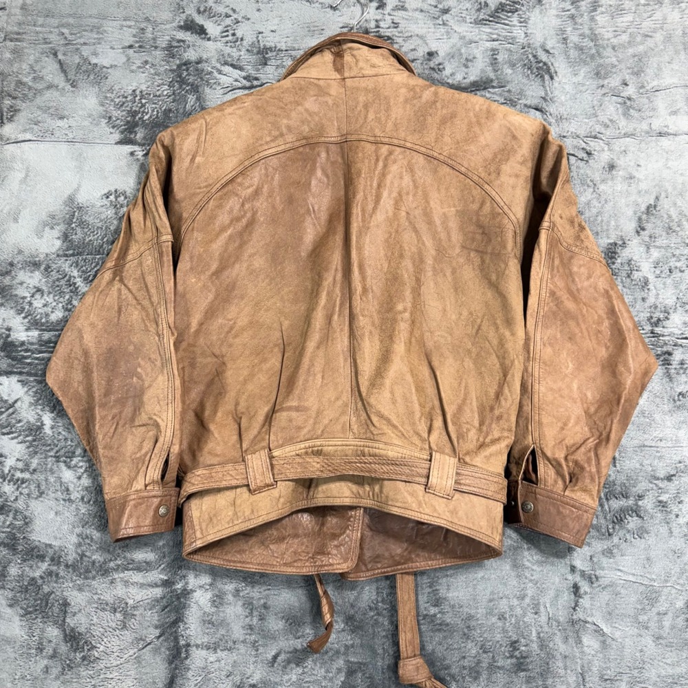 LA Studio Vintage Brown Leather Bomber Jacket Belted Mens Large Made in Korea - Picture 8 of 11